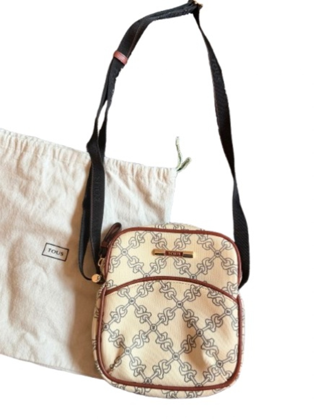 Vintage Tous Cream Logo Crossbody with Brown Trim and Black Strap